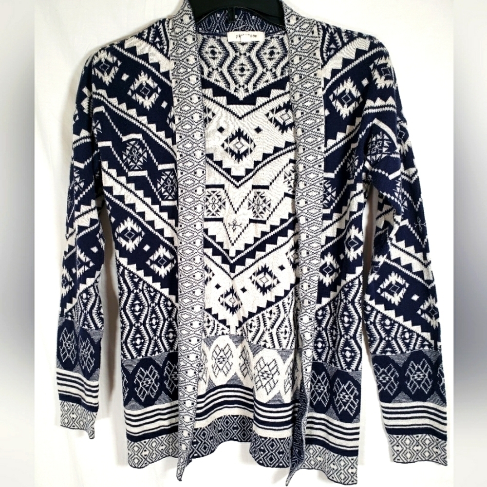Pink Rose Navy and White Aztec Print Sweater Cardigan Sz S